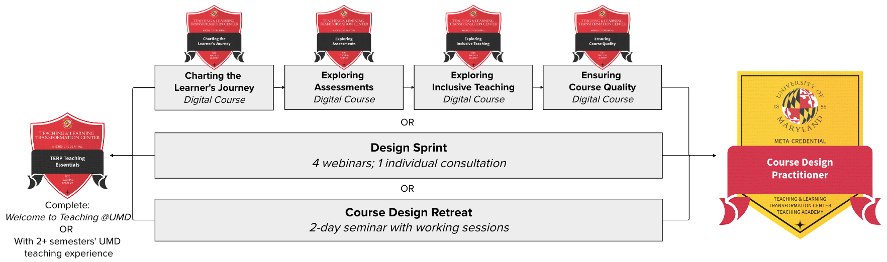 A flow chart showing you can earn the Course Design Practitioner Meta-credential by either taking the Design Sprint, taking the Course Design retreat or taking 4 online asynchronous courses.