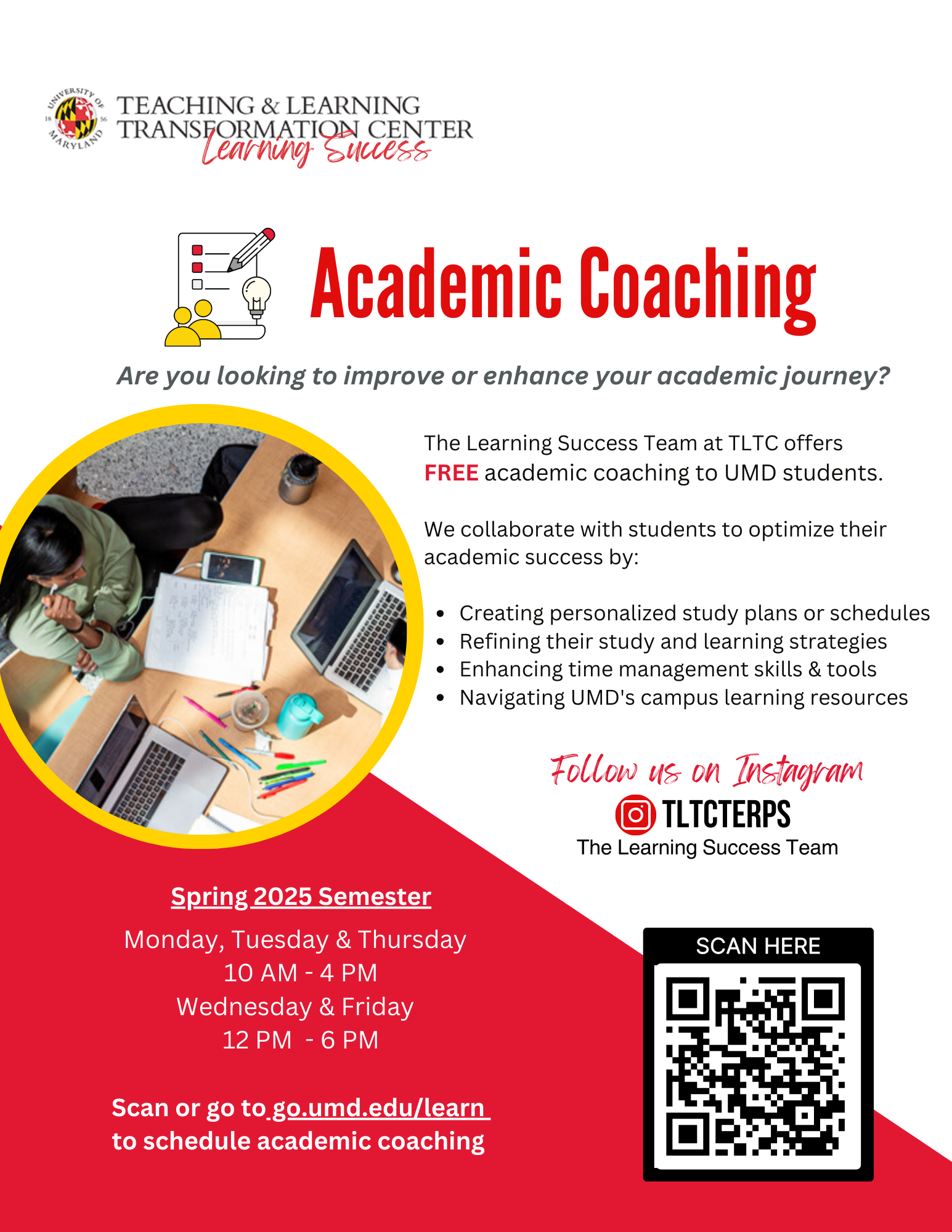 Academic Coaching Flyer: Go to go.umd.edu/learn to schedule academic coaching 