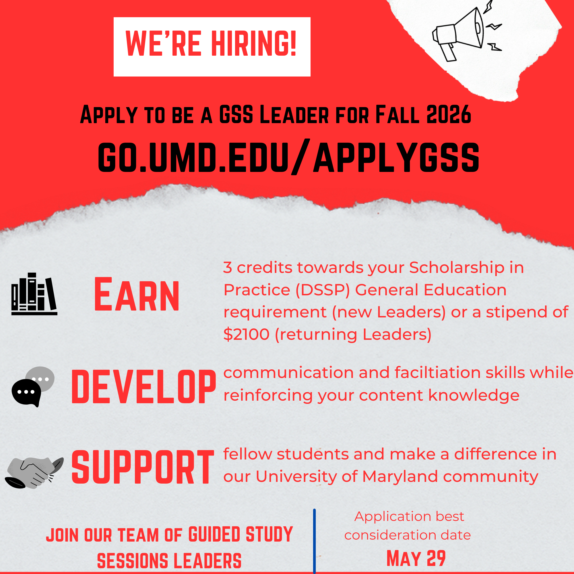 Flyer for GSS Hiring apply at go.umd.edu/applygss