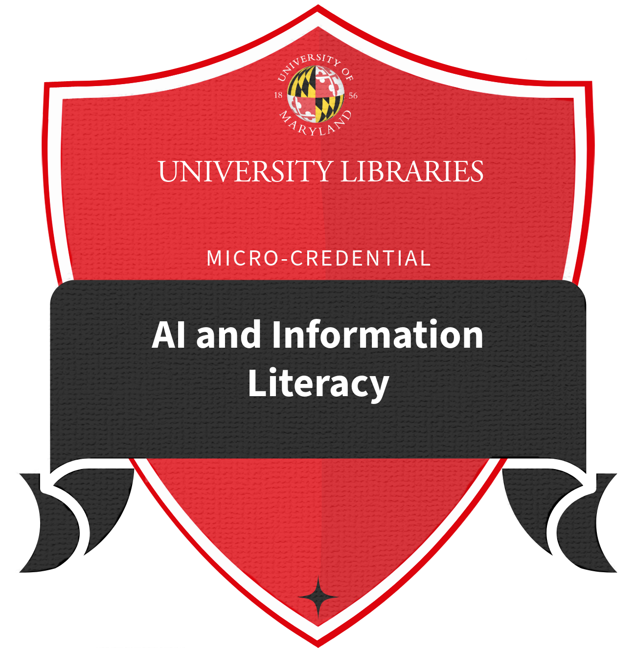 Red badge with black ribbon. The text reads University Libraries, Micro-Credential, AI and Information Literacy.