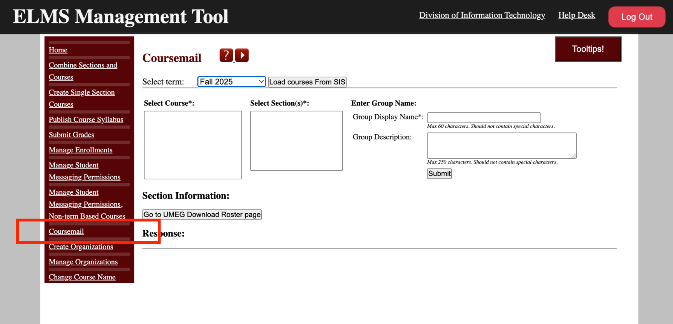 Screenshot image of ELMS-Management Tool, with a red box indicating you should click on coursemail.