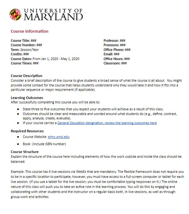Image of a piece of paper with the Maryland logo on it. It is a sample syllabus with a link to open the document.