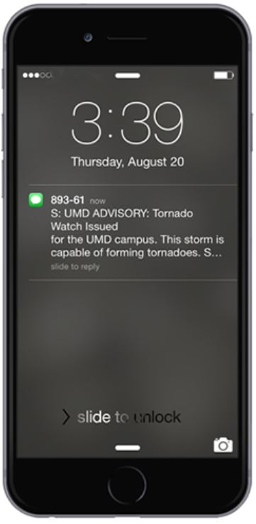 Image of a smartphone with a message that reads, "UMD alert: tornado watch issued."