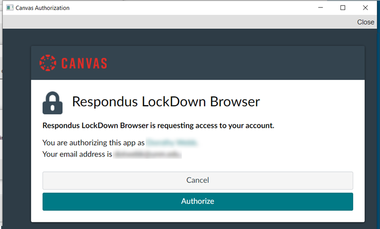 Canvas authorization dialog showing “Respondus LockDown Browser” requesting access to a user’s Canvas account, with options to cancel or authorize.