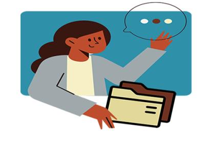 A brown woman with black hair holds two file folders while a word bubble over here head indicates more.