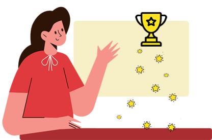 White woman with red shirt reaches up for a yellow trophy