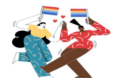 Two women hold hands and dance while waving rainbow flags