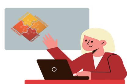 White woman with blond hair and a red shirt sits in front of a black laptop and gestures to the Fearless Teaching Framework logo on the board behind her.