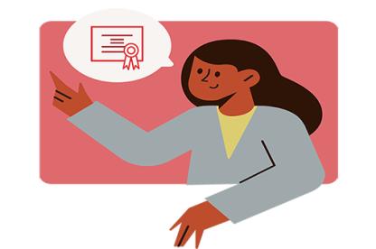 Instructor with long brown hair, brown skin and a gray shirt, with a thought bubble about a diploma