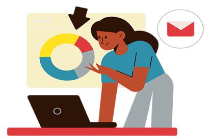 Brown female leans over her computer and considers data and communication