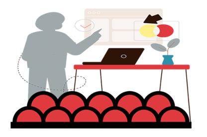 Gray anonymous male form stands teaching at the front of the room in front of rows of empty chairs