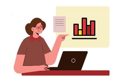 White woman sits at a desk behind a laptop and considers a bar chart on the wall behind her