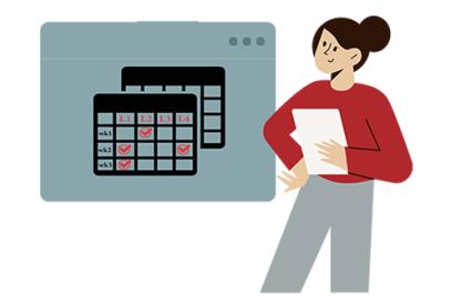 Asian women in red shirt and gray pants looking at a curriculum map on the board behind her