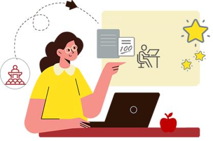 A white woman in a bright yellow shirt sits in front of her black laptop at a red desk, thinking about assessments and learning success 