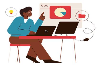 Brown man with glasses and a turquoise shirt sits at his computer with thoughts, charts and file floating around his head.