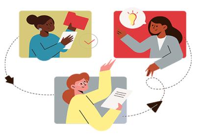 three women, one white, one black and one brown are shown in front of three colored squares. They are holding paper, files and have lighbulbs over their heads.