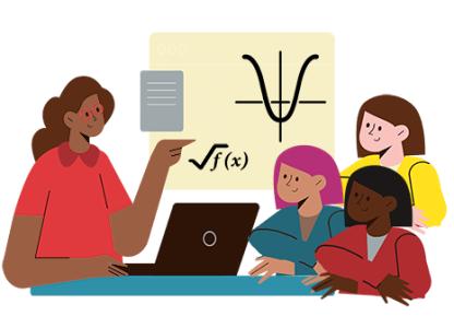a brown person in a red shirt teaches algebra to a group of three students