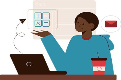 Black male with a blue shirt, laptop and cup of coffee gestures to the board behind himself