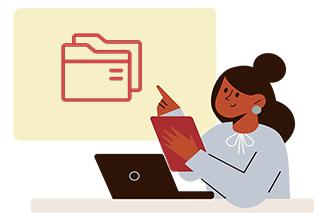 Brown woman sits at a desk and directs students to some free files that are online