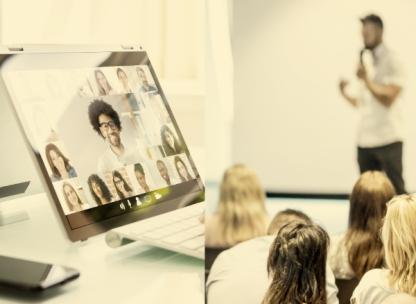 Two photos of a webinar and an in-person workshop