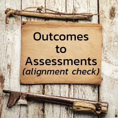 Rough wooden boards with vintage paper, looking like a hand-written field note, with the the words "outcome to assessment alignment check on it.