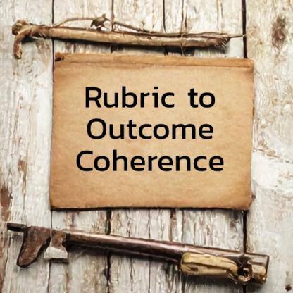 Rough wooden boards with vintage paper, looking like a hand-written field note, with the the words "Rubric to outcome coherence" on it.