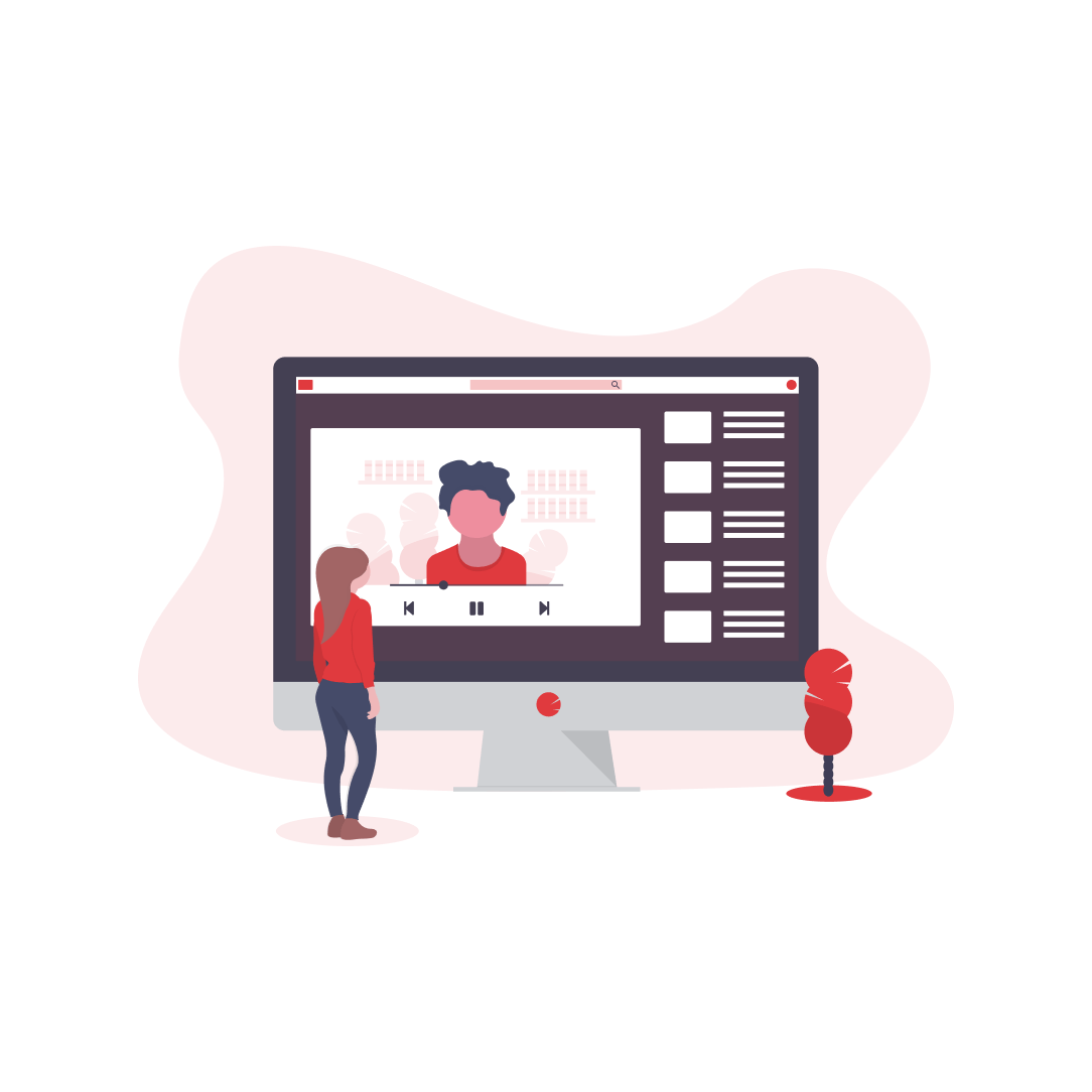 Vector illustration of a girl standing in front of computer screen watching an online tutorial