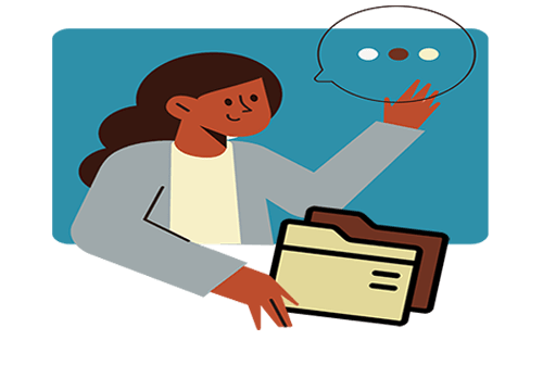 A brown woman with black hair holds two file folders while a word bubble over here head indicates more.