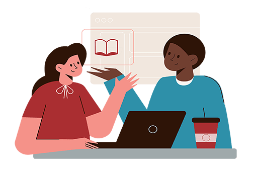 Two instructors, one white woman in a red shirt with bow and one black male instructor with a turquoise shirt sit at a desk and engage in a discussion. 