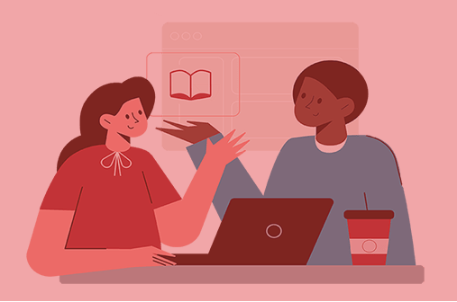 Two instructors, one white woman in a red shirt with bow and one black male instructor with a turquoise shirt sit at a desk and engage in a discussion.