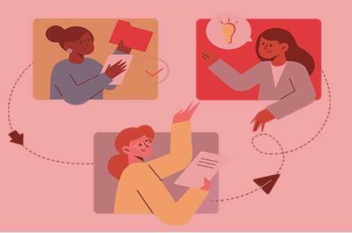 three women, one white, one black and one brown are shown in front of three colored squares. They are holding paper, files and have lighbulbs over their heads.