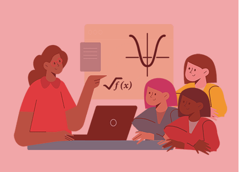 Brown female in a red shirt instructs a group of students in calculus