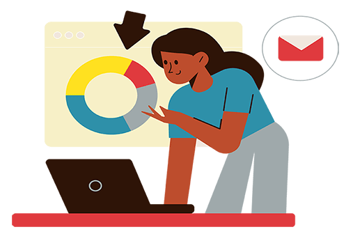 Brown female leans over her computer and considers data and communication