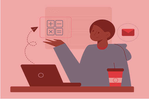Black male with a blue shirt, laptop and cup of coffee gestures to the board behind himself