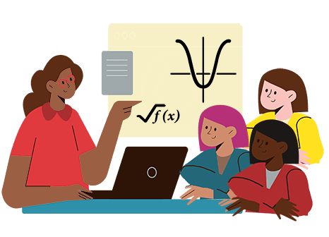 a brown person in a red shirt teaches algebra to a group of three students