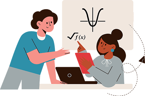 What person in a blue shirt discusses math equations with a brown woman in a grey shirt holding a book