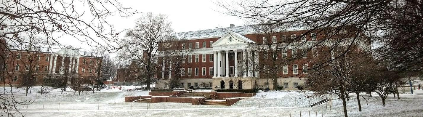 Photo of McKeldin Library in the snow.