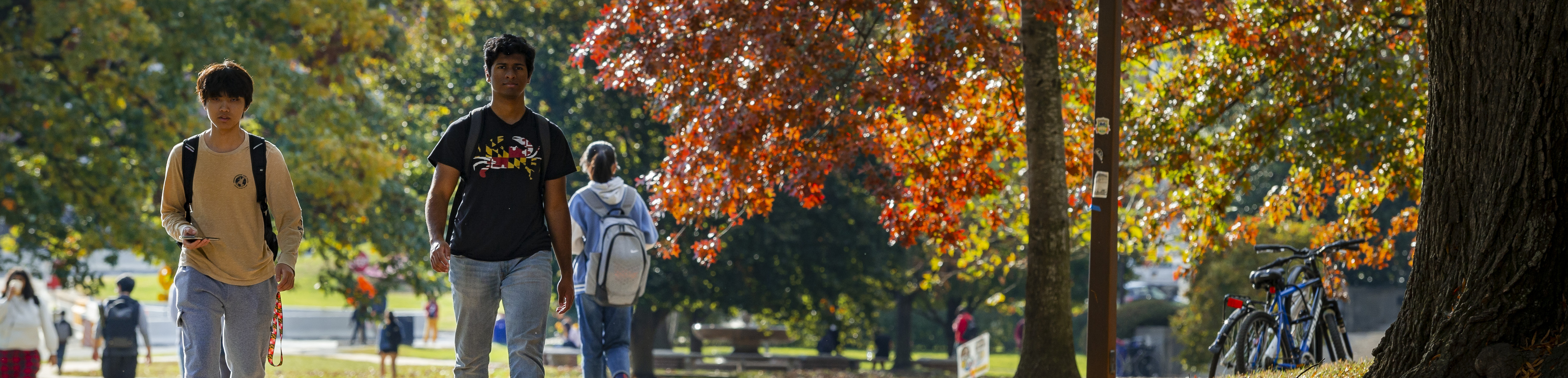 Students walk on the UMD campus during the fall