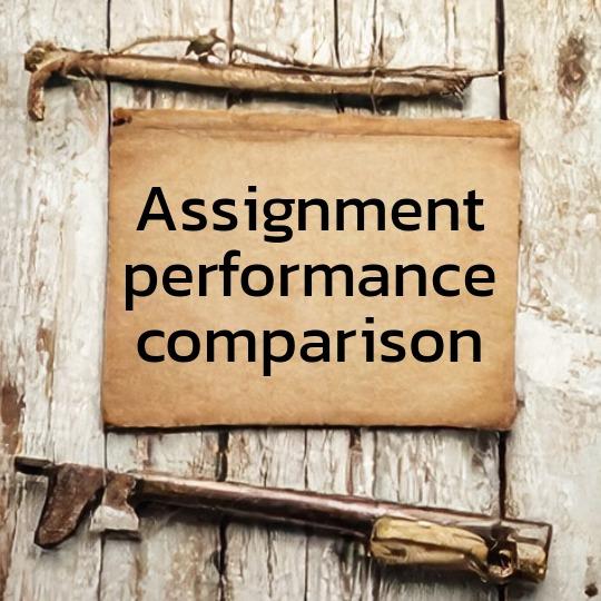 Rough wooden boards with vintage paper, looking like a hand-written field note, with the the words "assignment performance comparison" on it.
