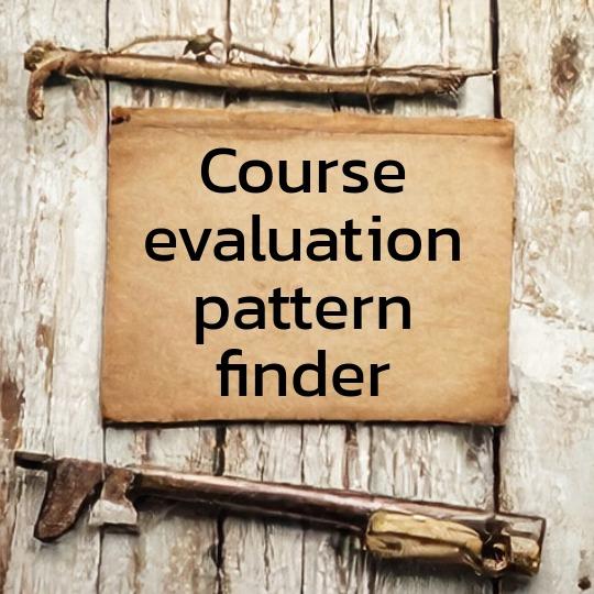Rough wooden boards with vintage paper, looking like a hand-written field note, with the the words "course evaluation pattern finder" on it.