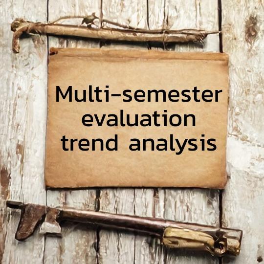 Rough wooden boards with vintage paper, looking like a hand-written field note, with the the words "Multi-semester evaluation trend analysis" on it.