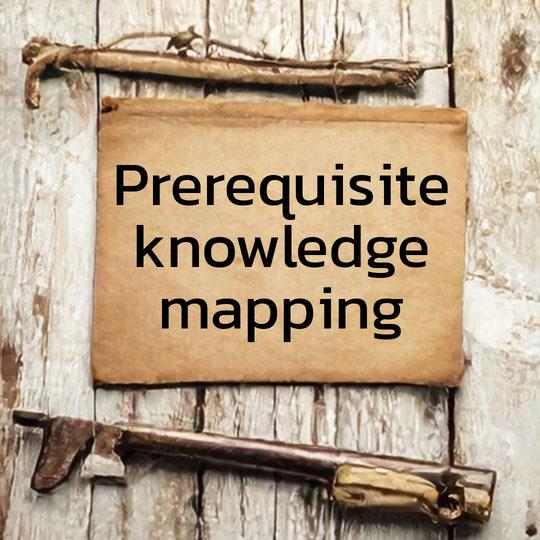 Rough wooden boards with vintage paper, looking like a hand-written field note, with the the words "pre-requisite knowledge mapping" on it.