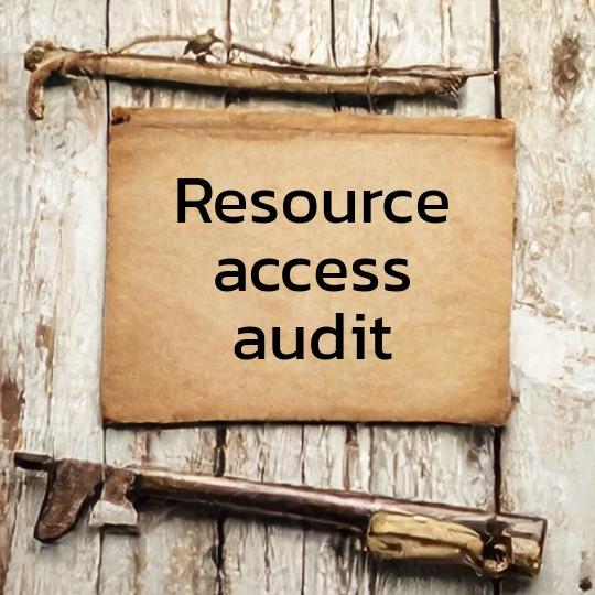 Rough wooden boards with vintage paper, looking like a hand-written field note, with the the words "resource access audit" on it.