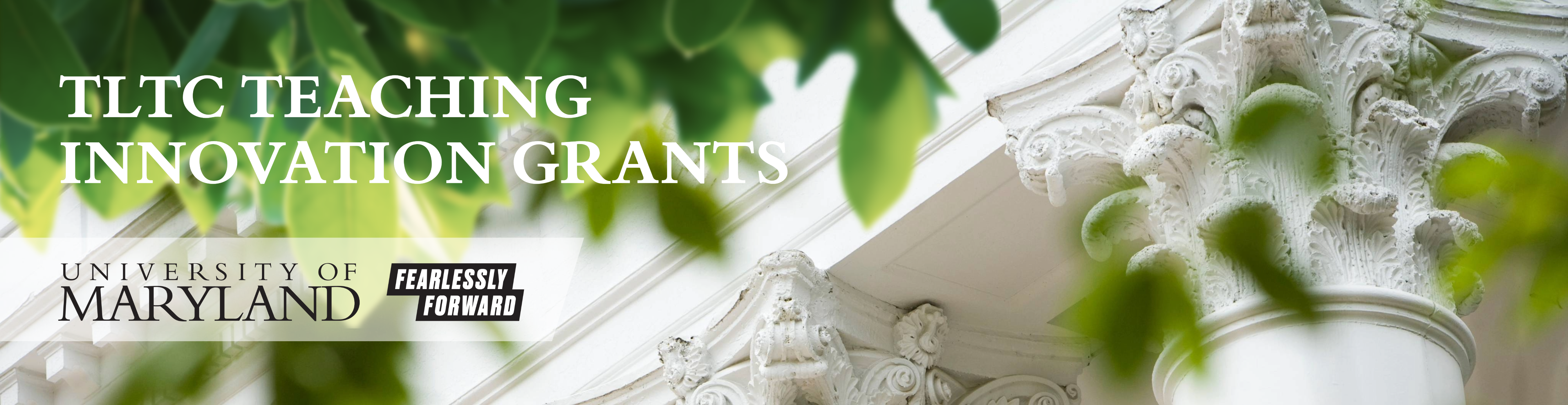 Close-up view of a white, classical-style university building with ornate column capitals and decorative molding, partially framed by out-of-focus green leaves in the foreground. Overlaid text reads "TLTC Teaching Innovation Grants" and “University of Maryland” alongside the slogan “Fearlessly Forward.”