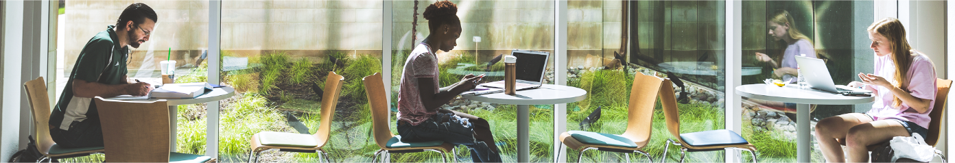 Students studying at tables in the Edward St. John Building 